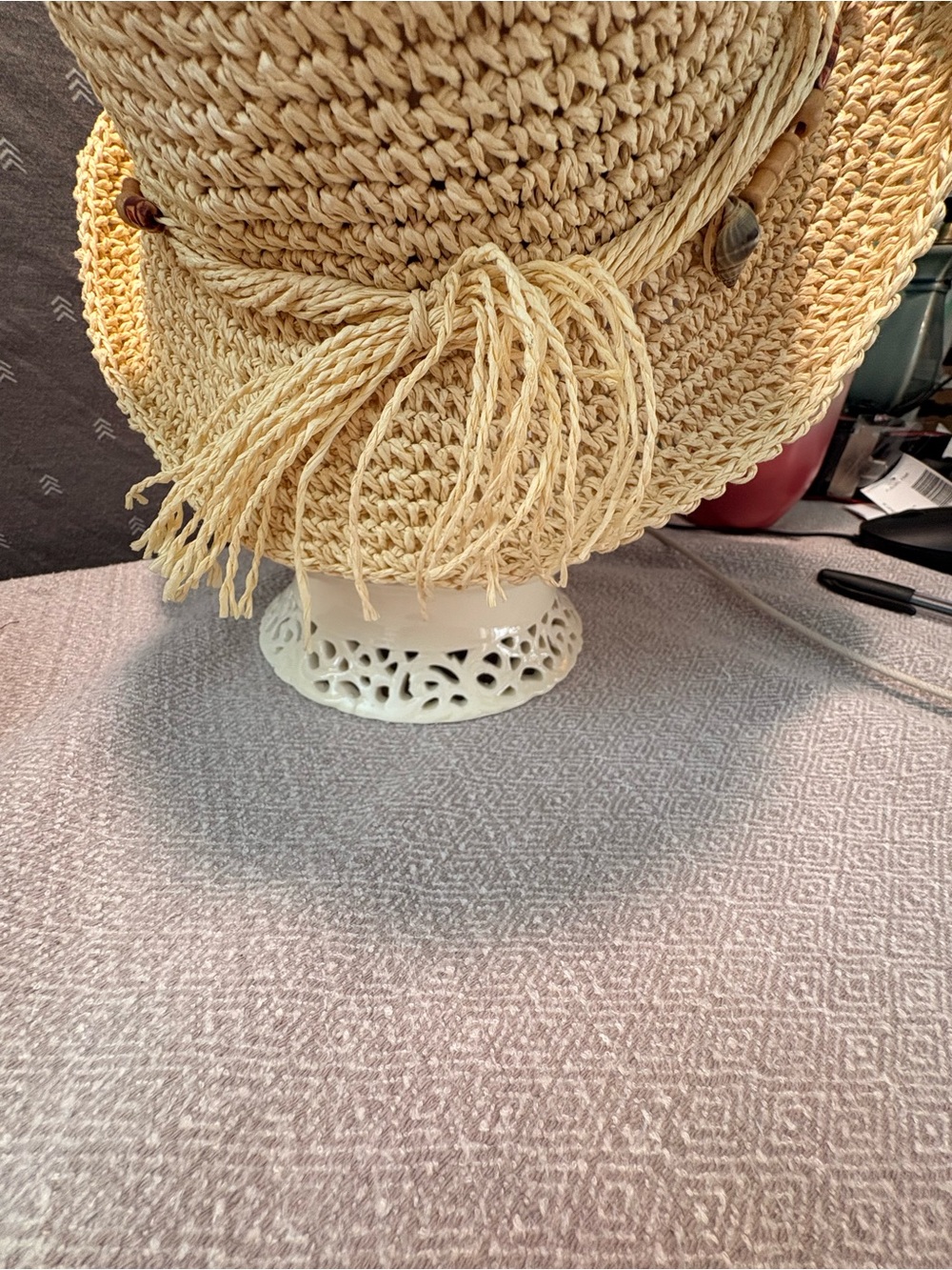 Natural Straw Wide-Brim Sun Hat with Decorative Beaded Band - Picture 5 of 5